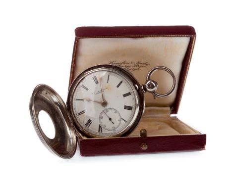 EARLY TWENTIETH CENTURY SILVER HALF HUNTER KEY WIND POCKET WATCH, the round white enamel dial signed T. W. Crawford Glasgow, 