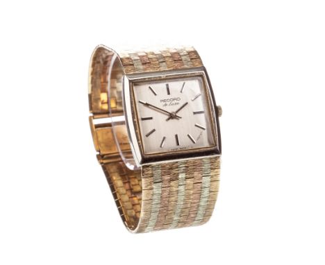 GENTLEMAN'S RECORD DE LUXE NINE CARAT GOLD MANUAL WIND WRIST WATCH, c.1970, signed Record movement, the square dial with appl