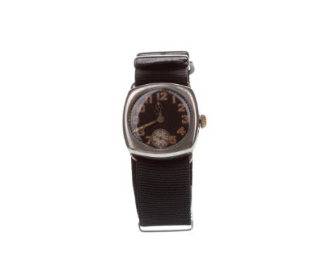 WWI SILVER MANUAL WIND TRENCH WATCH, the round black dial with luminous Arabic hour markers, sunken subsidiary seconds at 6, 