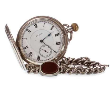 ELGIN EARLY TWENTIETH CENTURY SILVER FULL HUNTER KEYLESS WIND POCKET WATCH, signed Elgin movement, the signed round white ena