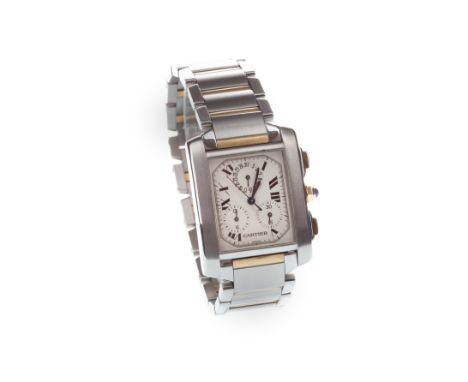 GENTLEMAN'S CARTIER TANK STAINLESS STEEL BI COLOUR CHRONOGRAPH QUARTZ WRIST WATCH, the rectangular dial with Roman numerals, 