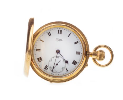 EIGHTEEN CARAT GOLD FULL HUNTER KEYLESS WIND POCKET WATCH, the movement plate signed Sorley, the round white enamel dial sign