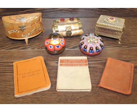 TWO MILLEFIORI PAPERWEIGHTS, THREE TRINKET BOXES AND THREE MINIATURE BOOKS 