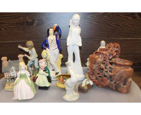 TWO ROYAL DOULTON FIGURES OF " PENNY " AND " SAIRY GAMP " 
together with other figures including a Spode figure, Lladro figur