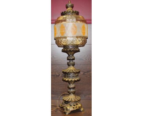LOT OF THREE LAMPS INCLUDING BRASS BODIED LAMP WITH BRASS TOPPED SHADE. 