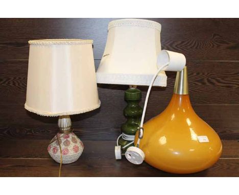 TWO POTTERY TABLE LAMPS AND A GLASS BULBAS LAMP