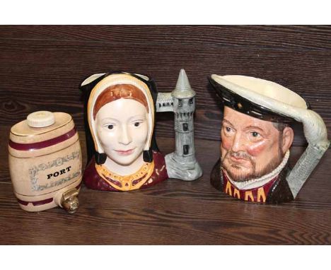 COLLECTION OF ROYAL DOULTON TOBY JUGS TOGETHER WITH CERAMIC WHISKEY DECANTERS. 