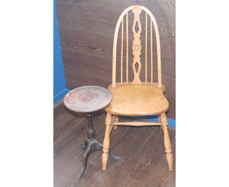 SMALL MAHOGANY HALL UNIT, SMALL MAHOGANY PIE CRUST EDGED OCCASIONAL TABLE, PINE KITCHEN CHAIR AND A SMALL PLANT STAND ON TRIP