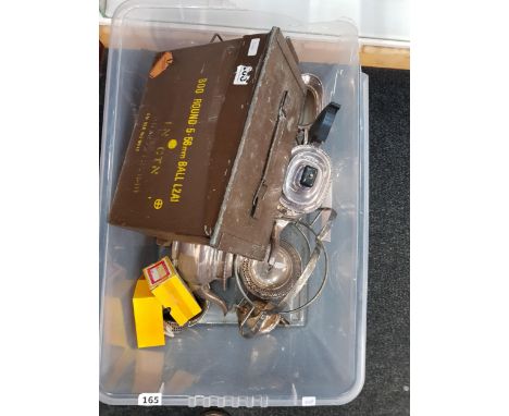 BOX LOT TO INCLUDE SILVER PLATE AND AMMO TIN 