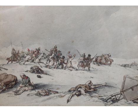 John Augustus Atkinson (1775 - 1830), watercolour over a printed base, retreat of the French Grand Army from Moscow, inscribe