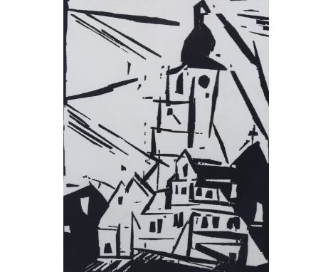 Lyonel Feininger, Buttelstedt, 1920 woodcut print, Jahrbuchjungen Kunst, image 20cm x 15cm, framedGood condition 