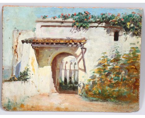 Joseph Sitnes, Italian villa, oil on board, 19cm x 25cm, unframedBoard is dented on bottom left and right corners, a few very