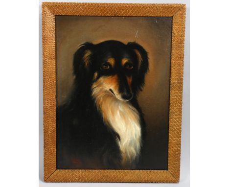19th century English School, portrait of a sheep dog, indistinctly signed, dated 1879, 40cm x 29cm, framedCanvas has been lin