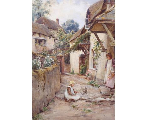 19th century English School, children and kitten outside thatched cottages, watercolour, unsigned, 35cm x 25cm, framedVery li