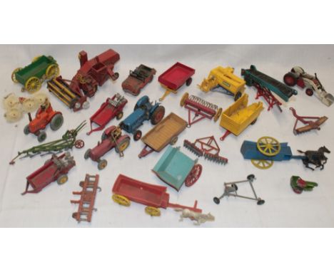 Various farm implements and accessories including Corgi Major Massey Ferguson combine, Dinky Field Marshall tractor, various 