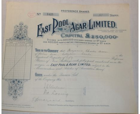 A 1924 Cornish mining share certificate for East Pool and Agar Mines Limited 