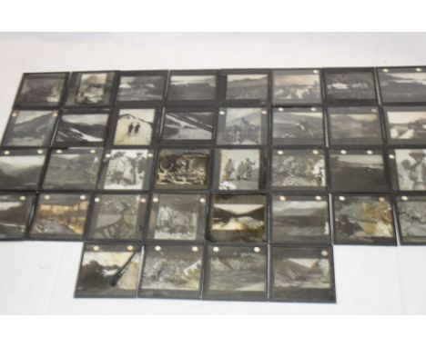 A selection of approximately 45 various photographic magic lantern slides - scenes in India, military scenes, Indian hunting 