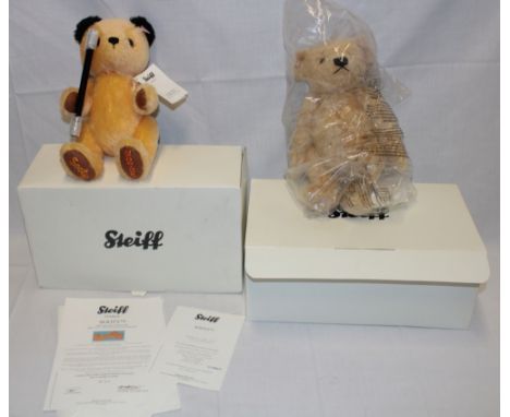 A modern Steiff limited edition teddy bear "Sooty", boxed with certificate and one other boxed Steiff blonde bear (2) 