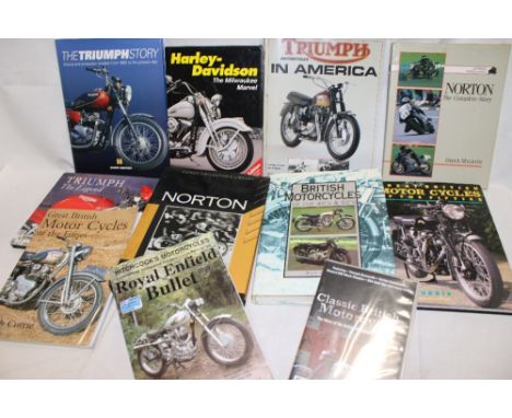 Various motorcycle volumes including Woolletts (M) Norton; British Motorcycles of the 40's and 50's; Harley-Davidson; The Tri