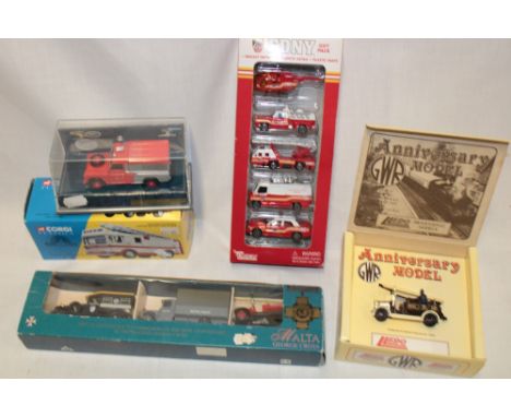 A Lledo Malta George Cross three piece die-cast vehicle set, Corgi Classics fire engine, GWR anniversary model fire engine an