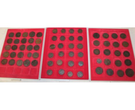 Three cases containing a collection of 69 mainly 18th and 19th century copper penny and half penny tokens including 1813 Chri