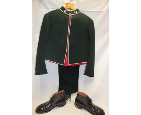 A Light Infantry Colonel's mess dress uniform comprising a green mess dress jacket with silvered mounts, matching trousers, s