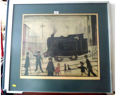 L.S. LOWRY LEVEL CROSSING SIGNED COLOURED PRINT 57CM X 48CM