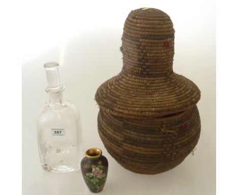 WICKER BASKET, DARTINGTON GLASS DECANTER AND A CLOISONNE VASE