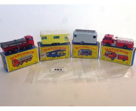 4 BOXED MATCHBOX VEHICLES -10 PIPE TRUCK, 23 TRAILER CARAVAN, 29 FIRE PUMPER TRUCK, 74 MOBILE CANTEEN