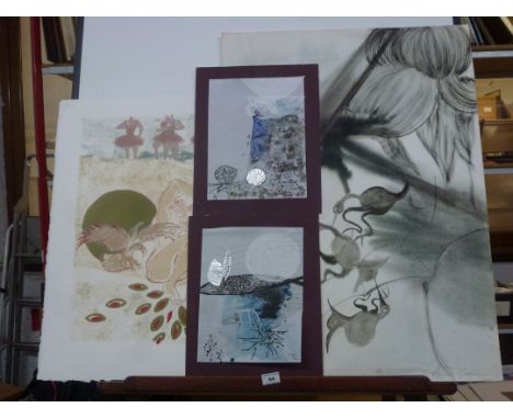 2 X MIXED MEDIA PICTURES, 1 X PAINTING AND 1 X SIGNED PRINT BY CATHERINE TIRR