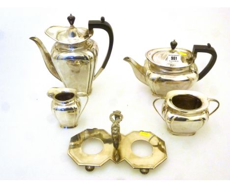 4 PIECE SILVER PLATED TEASET AND A SILVER PLATED CONDIMENT CADDY