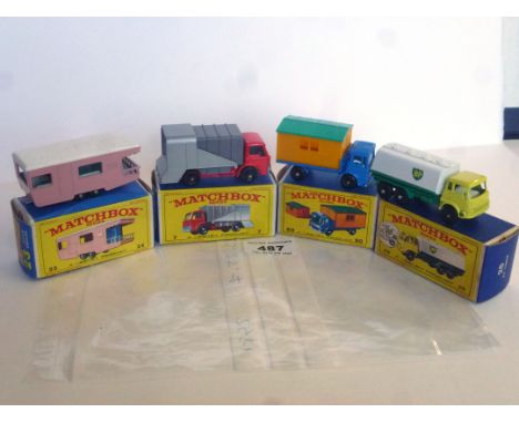 4 BOXED MATCHBOX VEHICLES - 7 REFUSE TRUCK, 23 TRAILER CARAVAN, 25 BP TANKER, 60 TRUCK WITH SITE OFFICER