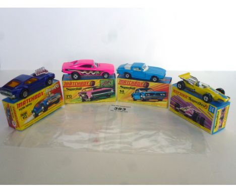 4 BOXED MATCHBOX VEHICLES -10 PISTON POPPER, 14 ISO GRIFO, 34 FORMULA 1 RACE CAR, 70 DRAGSTER