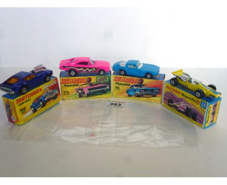 4 BOXED MATCHBOX VEHICLES -10 PISTON POPPER, 14 ISO GRIFO, 34 FORMULA 1 RACE CAR, 70 DRAGSTER