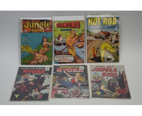 Hot Rod Comics, No. 7 (Carlton Press) (1952); Jungle Comics, No. 28; Lorna, The Jungle Girl, No. 7; Nyoka, No's. 95 and 99; a