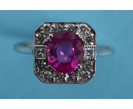 An Art Deco style 18ct white gold, ruby and diamond ring, approx. ring size N  See inside front cover colour illustration