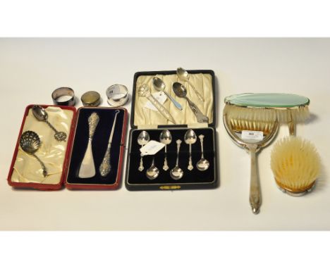 A silver and enamel part dressing table set, Birmingham 1948 and 1954, a set of six silver teaspoons, cased, other silver and