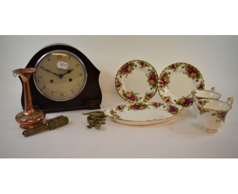 A Royal Albert Old Country Roses pattern part tea service, other ceramics, an oak mantel clock and items (2 boxes)