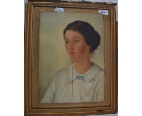 English school, a portrait of a lady, oil on panel, 34 x 24 cm (panel split), and M B, portrait of a seated lady sewing, wate