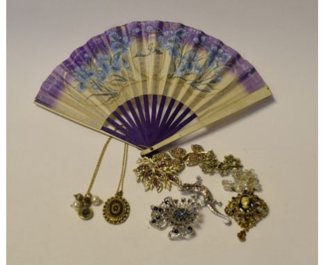 An enamel and pearl brooch, a mesh bag, fans, costume jewellery and other items (box)