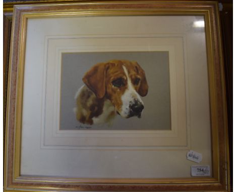 English school, 20th century, a head and shoulder portrait of a foxhound, oil on paper, indistinctly signed, 16 x 22 cm, othe