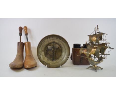 An aneroid barometer, 21 cm diameter, a pair of shoe trees, three pairs of binoculars, and other items (box) Condition report