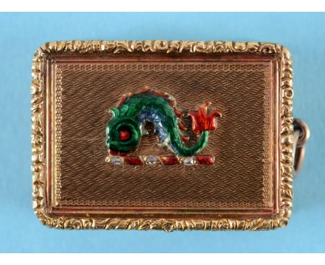 A George IV 18ct gold pill box, applied an enamel and diamond set dolphin crest, London 1825, approx. 21.9 g (all in), 3.5 cm