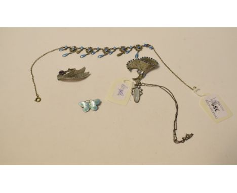 A silver, moonstone and diamond pendant, on a chain, a silver and enamel butterfly brooch (enamel a.f.), and other jewellery 