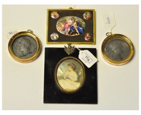 A 19th century oval portrait miniature, of a child, watercolour on ivory, signed Smart, 7.5 x 6.5 cm, a pair of Napoleon and 