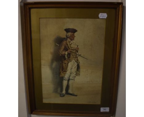 Vittorio Baldancoli, a full length portrait of a gentleman in 18th century dress with a cane, watercolour, signed, 36 x 25 cm