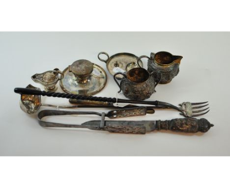 A silver capstan inkwell, Birmingham 1917, a silver bread fork, Birmingham 1984, a silver coloured metal toddy ladle, other s