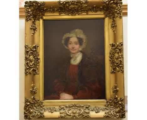 English school, 19th century, a seated portrait, probably of Lady Buller, sitting in a chair, oil on panel, 30 x 22.5 cm