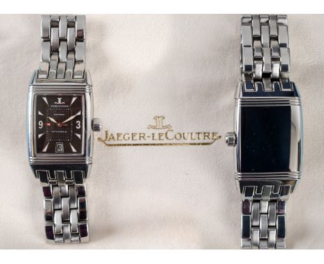 A gentleman's stainless steel Jaeger-LeCoultre Reverso automatic wristwatch, the black dial with centre second and date apert