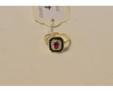 An Art Deco style 9ct gold, sapphire and ruby ring